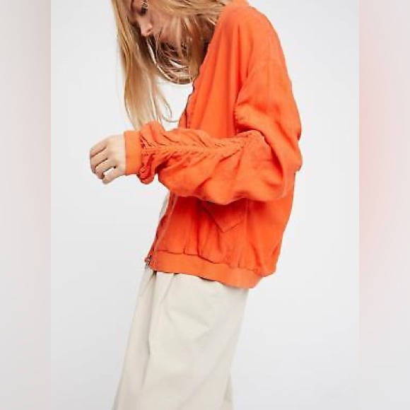 Free People Ruched Linen bomber orange Jacket - Picture 2 of 13